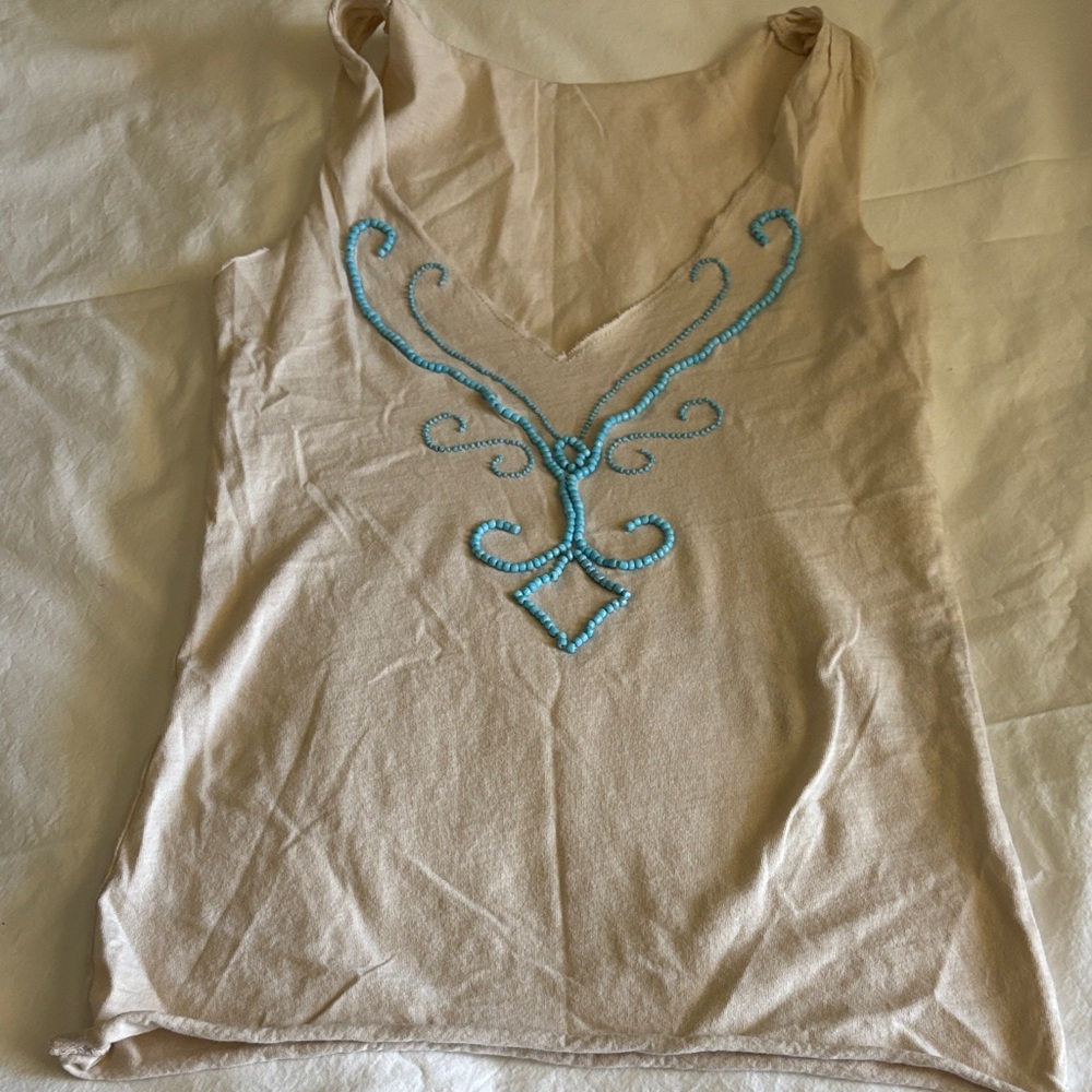 Beaded V-Neck Sleeveless Tank Top - Cream with Turquoise Embellishment